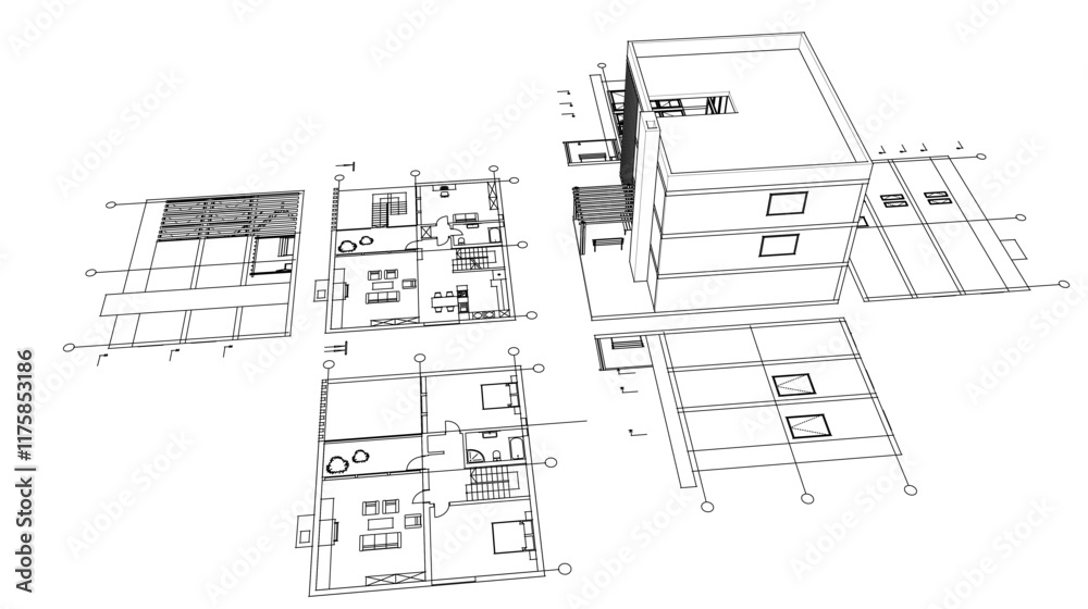 Fototapeta premium house architectural project sketch 3d illustration 