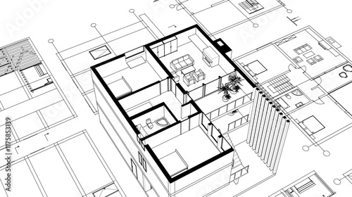 house architectural project sketch 3d illustration	