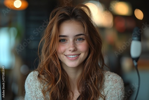 Wallpaper Mural In her home recording studio, a woman grins at the camera. A vlogger with headphones creates content for social media. An influencer uses a microphone and laptop to stream a podcast. Torontodigital.ca