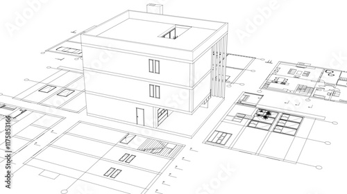 house architectural project sketch 3d illustration	