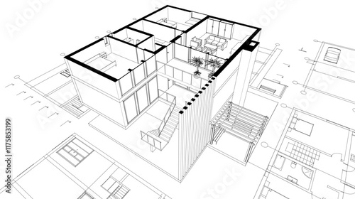 house architectural project sketch 3d illustration	