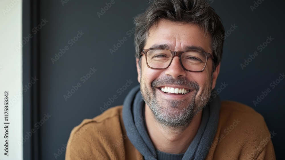 Obraz premium Smiling adult man with glasses and facial hair laughing at the camera against a clean dark background, wearing casual clothing and a jacket