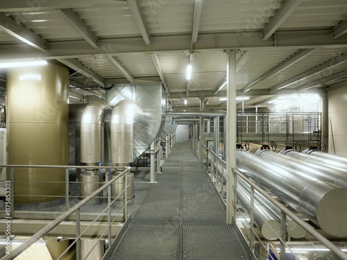 Modern Heating Plant Interior with Steel Pipelines and Advanced Control Systems – Efficient Energy Infrastructure in Industrial Environment.