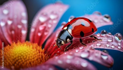 the vibrant image reveals a ladybug delicately venturing across a dew laden flower petal with glistening droplets enhancing the visual appeal of this mini natural wonder photo