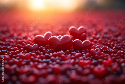 Playful 3D composition of red and pink hearts, creating a vibrant and romantic design, ideal for Valentine’s Day or love-themed creative projects