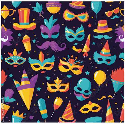 A vibrant vector pattern featuring colorful carnival masks, hats, mustaches, and festive elements on a dark background