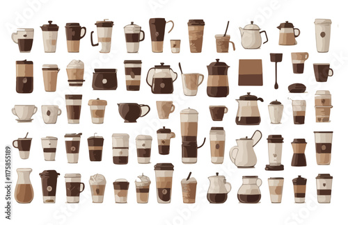 A flat vector illustration featuring various types of coffee cups, mugs, and teapots arranged in a grid. The design uses neutral brown tones