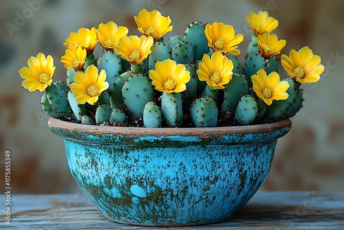 Blooming Yellow Cactus Flowers in Teal Pot photo