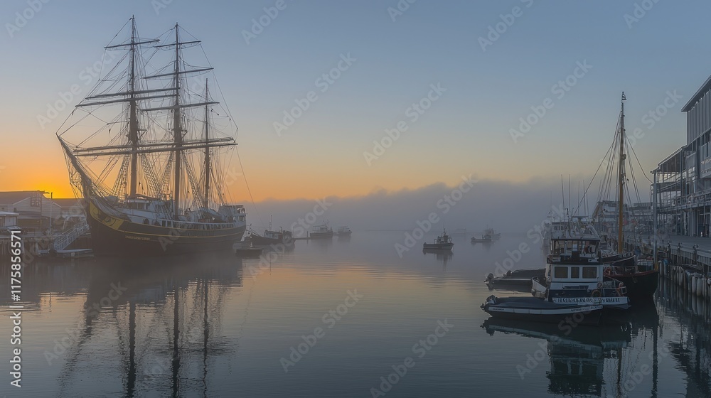 A serene harbor scene at dawn with ships and fog. A serene harbor scene at dawn with ships and fog.