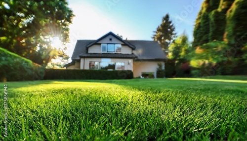 Wallpaper Mural close up of green lawn with blurred house in the background backyard landscaping Torontodigital.ca