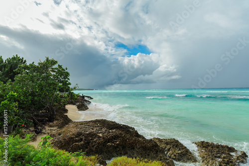 Holgin Province,Cuba, amazing gorgeous overcast stormy day on Cuban gardalavaca beach, beautiful landscape,vacation background photo