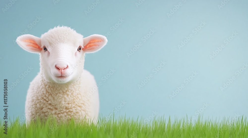 Cute white sheep in green grass, close-up animal portrait against a light blue background, isolated sheep image, farm animal in natural setting, minimalistic composition with copy space
Cute white sheep in green grass, close-up animal portrait against a light blue background, isolated sheep image, farm animal in natural setting, minimalistic composition with copy space