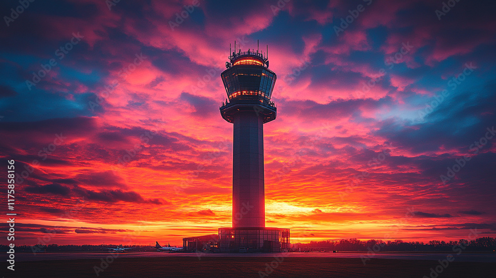 Obraz premium The silhouette of Munich airport's control tower stands tall against the vibrant hues of a stunning summer sunrise, symbolizing the harmony of a city's bustling energy and peaceful morning moments