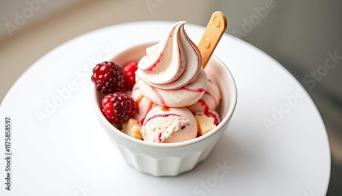 Dessert ice cream with whipped cream and berries on white plate photo