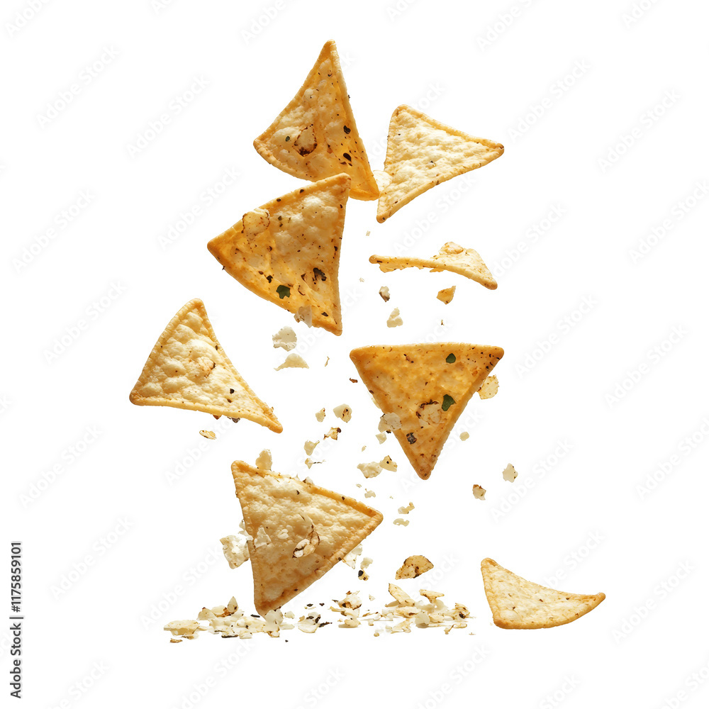 Tortilla chips in mid air, cascading down with a transparent background, showcasing a dynamic and playful snack moment, tortilla chip levitating, falling, flying transparent background Tortilla chips in mid air, cascading down with a transparent background, showcasing a dynamic and playful snack moment, tortilla chip levitating, falling, flying transparent background