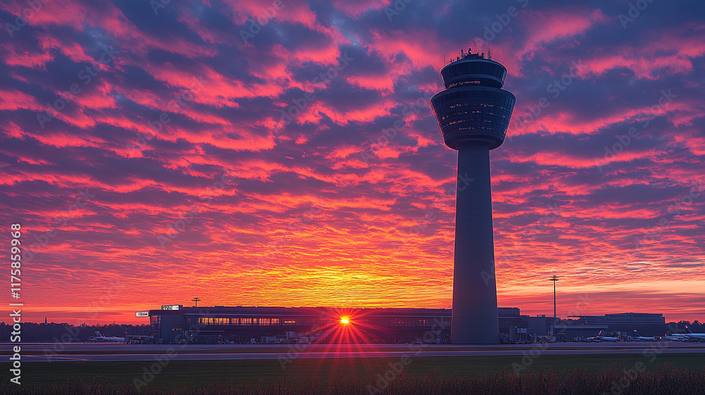 Obraz premium The silhouette of Munich airport's control tower stands tall against the vibrant hues of a stunning summer sunrise, symbolizing the harmony of a city's bustling energy and peaceful morning moments
