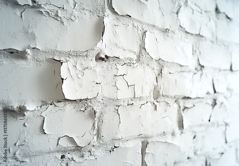 Obraz premium A white brick wall with cracked paint, showcasing the texture and detail of aged walls in an industrial setting.