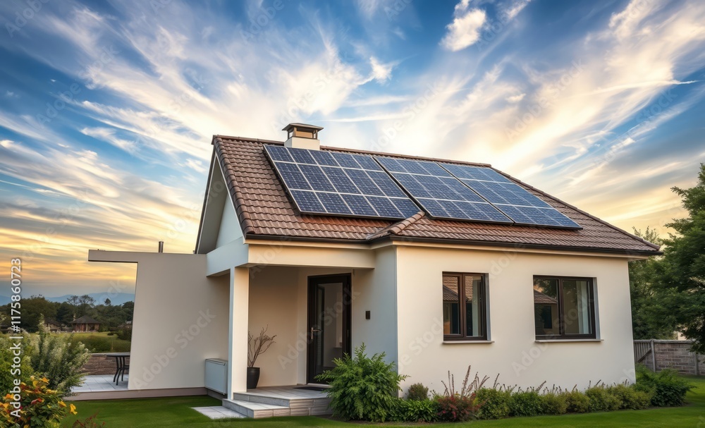 A modern house with a solar panel installed on its roof for renewable energy innovative solar panel innovation power electricity energy technology panel renewable