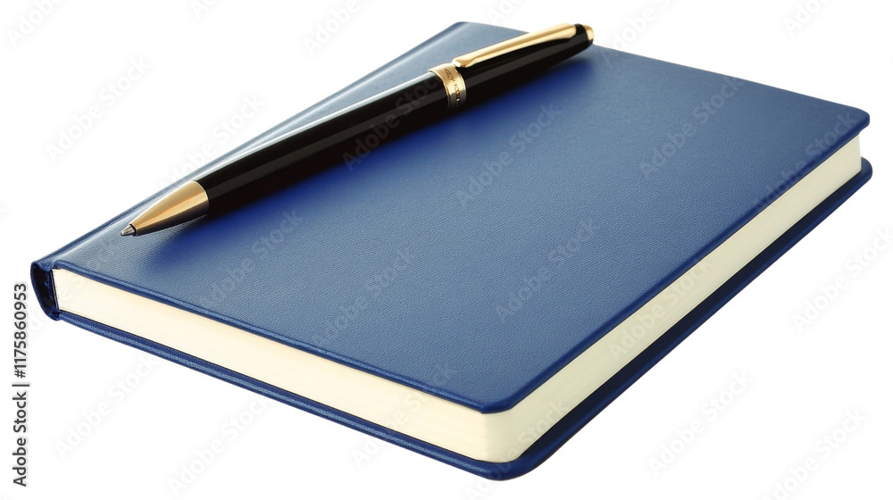 Blue notebook with pen on top, isolated on transparent background Blue notebook with pen on top, isolated on transparent background
