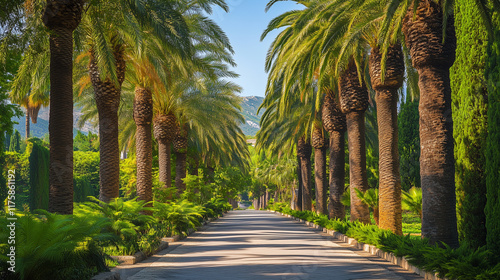 A lush jungle path lined with towering palm trees and ferns photo