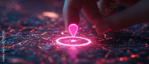 Hand locating point on futuristic map photo