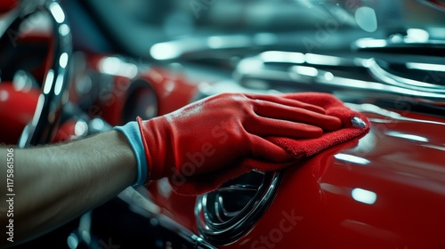 Car dashboard being cleaned by a technician with gloves and a red cloth, emphasizing care and cleanliness.  photo