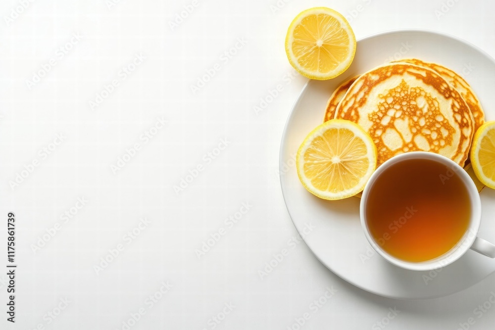 Breakfast with lemon pancakes and tea on a bright white table setting to enjoy a refreshing morning meal. Generative AI Breakfast with lemon pancakes and tea on a bright white table setting to enjoy a refreshing morning meal. Generative AI