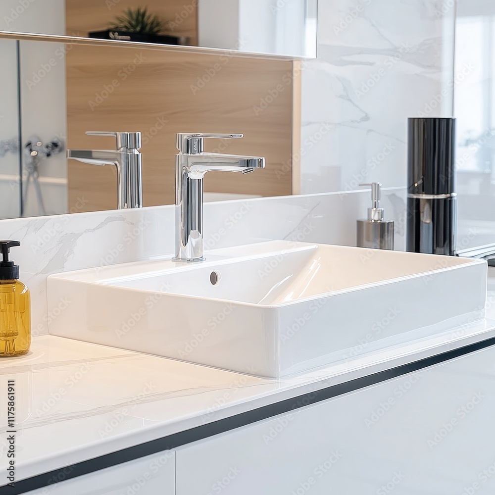 Modern white bathroom sink with chrome faucets on marble countertop. Modern white bathroom sink with chrome faucets on marble countertop.