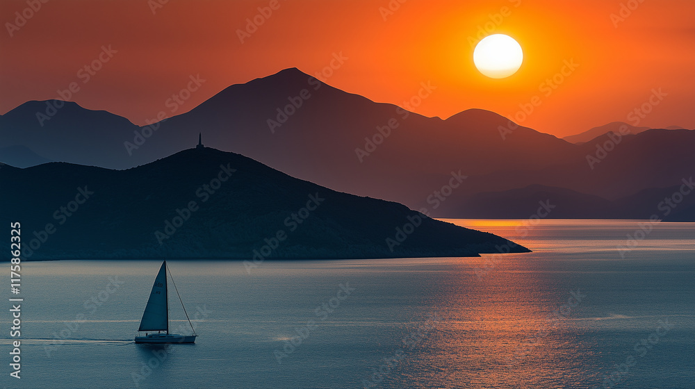 Naklejka premium A lone sailboat on the horizon, silhouetted against the setting sun