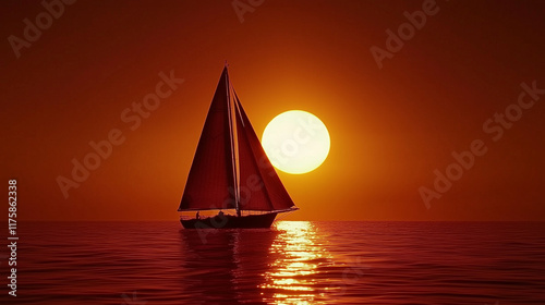 A lone sailboat on the horizon, silhouetted against the setting sun