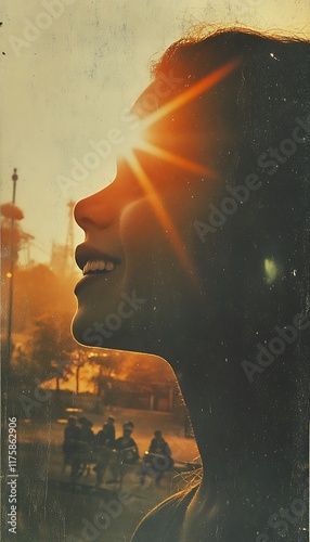 Woman silhouetted against sunset, light shining on face.