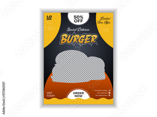 Burger advertisement poster, vibrant yellow and black design