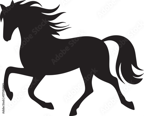 A silhouette of a running horse