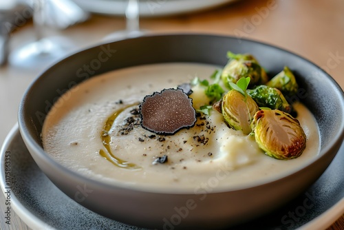 krem z grzybów, puree ziemniaczane, brukselka, trufla, eleganckie danie, talerz gourmet, nowoczesna kuchnia, fine dining, grzyby leśne, ziemniaki, dekoracja kulinarna, świeże składniki, kuchnia wykwin