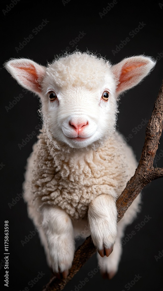 Sheep on branch, eyes open, facing camera against black backdrop Sheep on branch, eyes open, facing camera against black backdrop