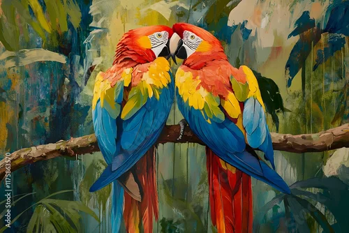 Fototapeta samoprzylepna papugi, maki, tropiki, las deszczowy, zieleń, piękno natury, dzikie ptaki, egzotyka, ptactwo, tropikalne lasy, tropikalna fauna, kolorowe ptaki, para, przyroda, zwierzęta egzotyczne, harmonia, fauna, 