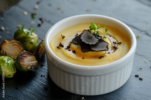 krem z grzybów, puree ziemniaczane, brukselka, trufla, eleganckie danie, talerz gourmet, nowoczesna kuchnia, fine dining, grzyby leśne, ziemniaki, dekoracja kulinarna, świeże składniki, kuchnia wykwin