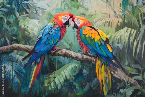 Fototapeta papugi, maki, tropiki, las deszczowy, zieleń, piękno natury, dzikie ptaki, egzotyka, ptactwo, tropikalne lasy, tropikalna fauna, kolorowe ptaki, para, przyroda, zwierzęta egzotyczne, harmonia, fauna, 