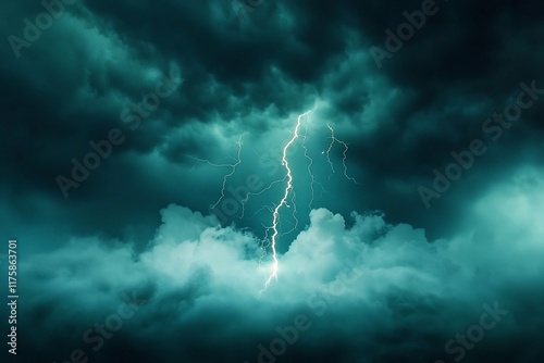 Dramatic atmospheric event captivating display of powerful forked lightning illuminating an ominous tumultuous skyscape bold high key photographic style evoking Sturm und Drang Romantic influences photo