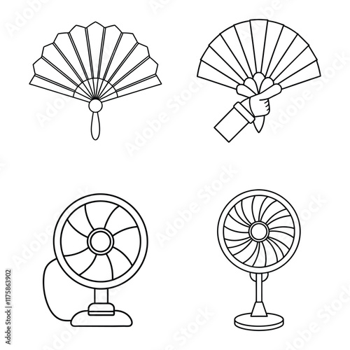 Handheld Fans and Electric Fans Line Art Icon Set