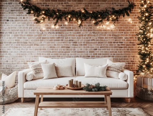 Cozy Christmas living room with brick wall, white sofa, and festive garland.