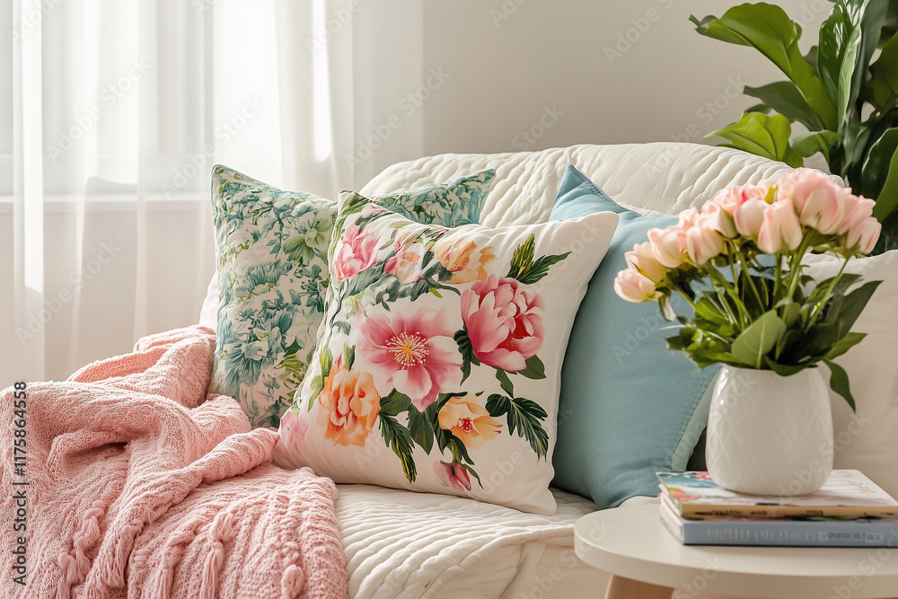 Naklejka premium A cozy nook with floral-patterned throw pillows, a soft pastel blanket, and a side table holding a bouquet of ranunculus