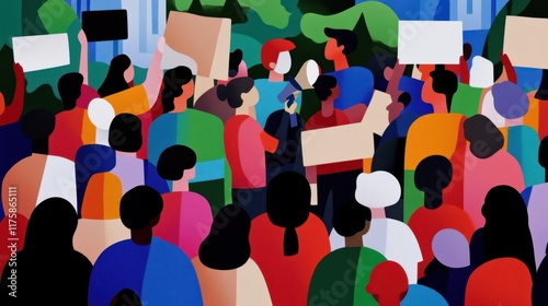 Colorful crowd at peaceful protest for social change in urban park