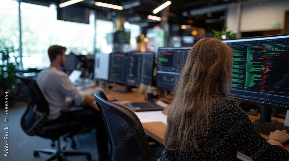 Modern office workspace with software developers coding on multiple screens