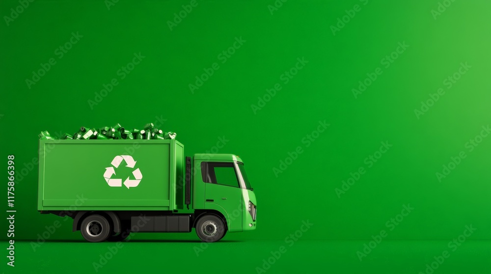 Green recycling truck carrying recyclable waste promoting environmental sustainability and responsible waste management practices on a vibrant green background Green recycling truck carrying recyclable waste promoting environmental sustainability and responsible waste management practices on a vibrant green background