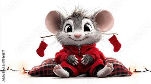   A cartoon mouse wearing a red sweater with a Christmas stocking on its ear sits on the ground photo