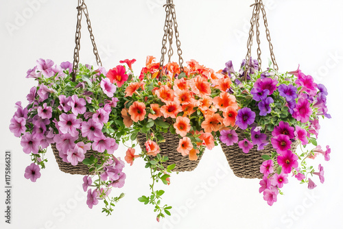 A set of hanging flower baskets overflowing with petunias, geraniums, and ivy photo