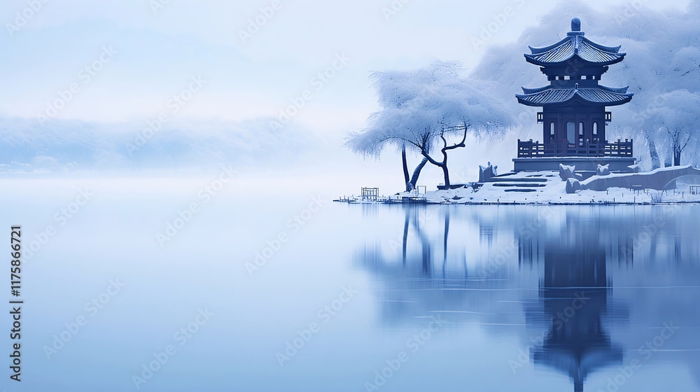 Serene winter scene Pagoda on snow-covered island, reflecting in calm lake. Serene winter scene Pagoda on snow-covered island, reflecting in calm lake.
