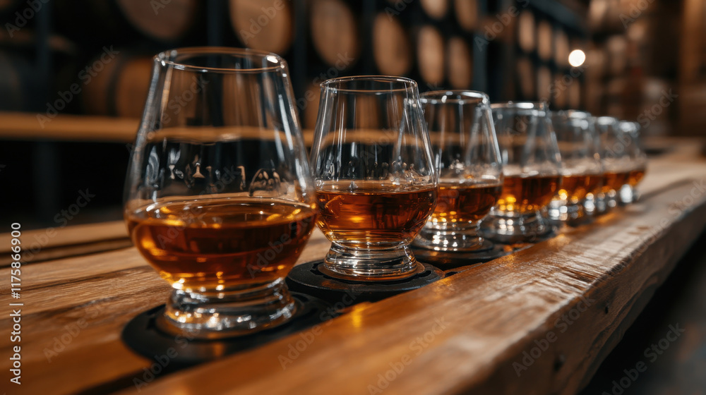 National Bourbon Day Selection of whiskey glasses on wooden bar in cozy distillery setting for tasting experience National Bourbon Day Selection of whiskey glasses on wooden bar in cozy distillery setting for tasting experience