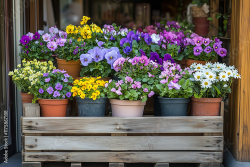 A wooden crate filled with pots of blooming violets, daisies, and succulentse front doo photo